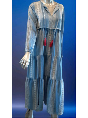 SUR LA VAGUE-Texas Boutique-Tiered Trad. Fabric Cotton Maxi Blue/White-Small